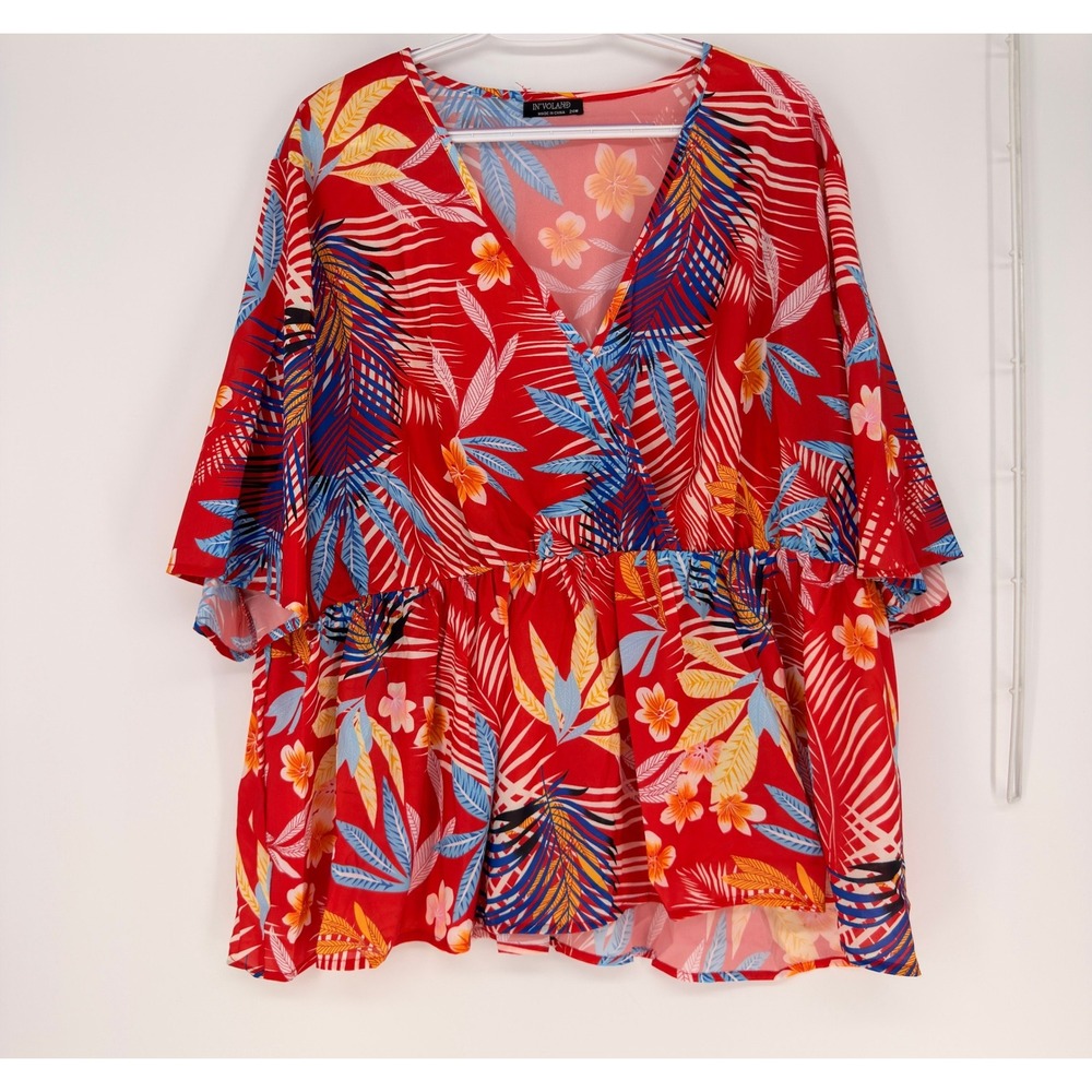 IN'VOLAND Blouse Womens 24W Red‎ Tropical Floral Peplum Wrap Summer Boho Cruise